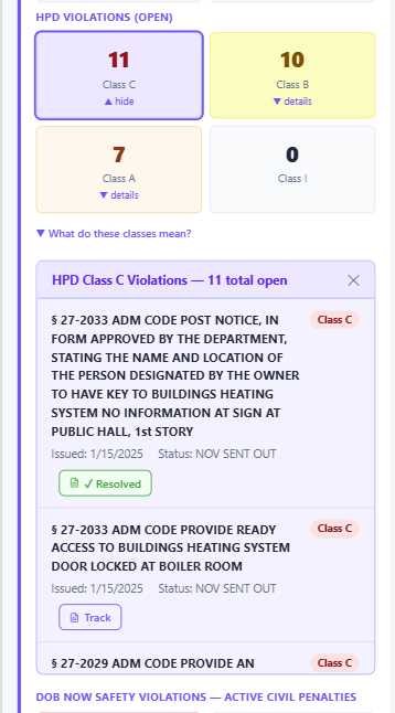Expanded HPD Class C violations list showing Track and Resolved buttons